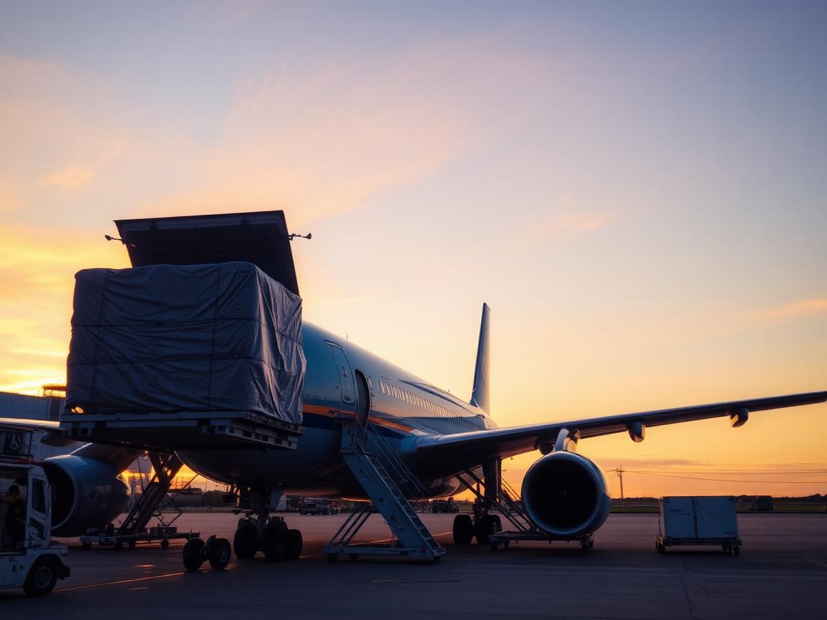 Avion cargo încărcat la apus